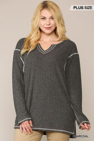 Plus Size Two-Tone Ribbed Tunic Top with Side Slits