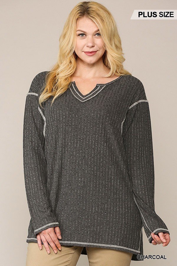 Plus Size Two-Tone Ribbed Tunic Top with Side Slits