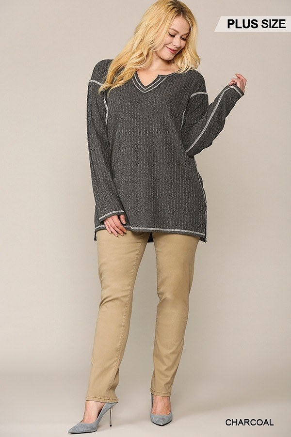 Plus Size Two-Tone Ribbed Tunic Top with Side Slits