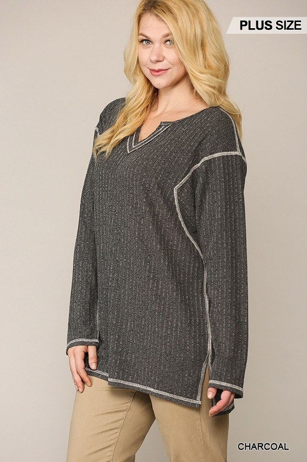 Plus Size Two-Tone Ribbed Tunic Top with Side Slits
