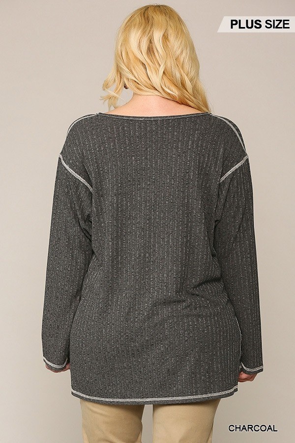 Plus Size Two-Tone Ribbed Tunic Top with Side Slits