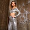 Metallic Scales Cropped Top & High-Waist Legging Set – Silver