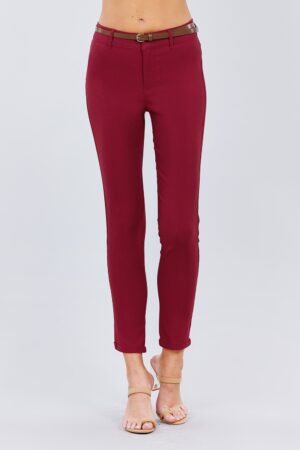 Textured Belted Long Pants – Burgundy Hue