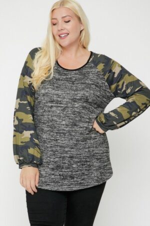 Two-Tone Plus-Size Top with Cheetah Bubble Sleeves – Charcoal/Camo