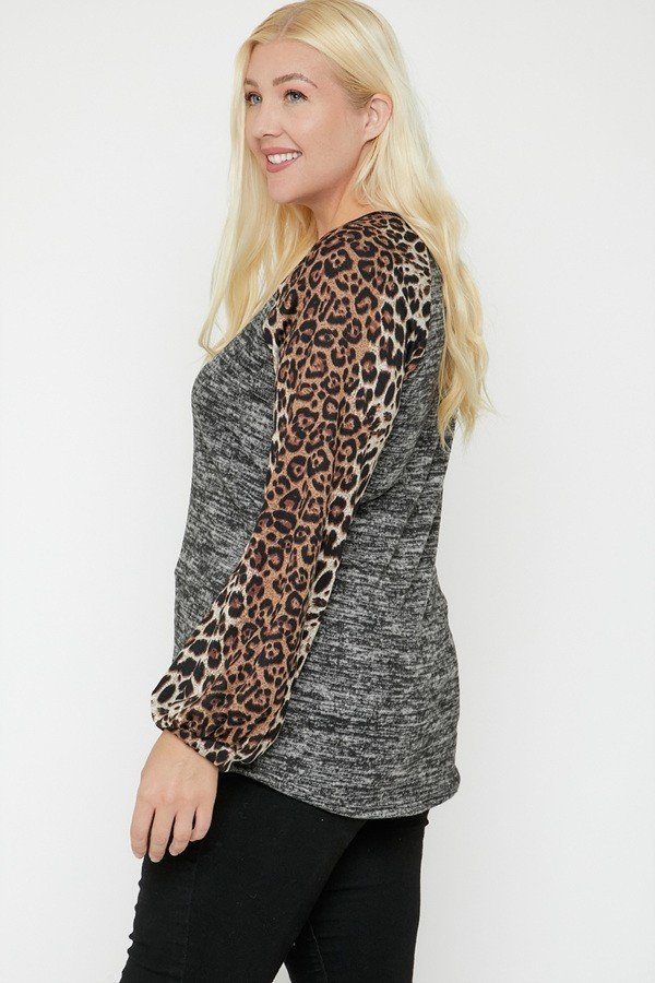 Two-Tone Top with Cheetah Bubble Sleeves – Plus Size