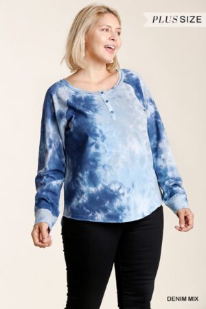 Plus Size Tie-Dye Raglan Button-Front Top – Denim