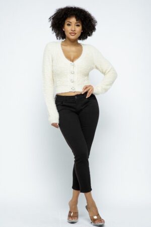 Eyelash Knit Cropped Cardigan with Pearl Buttons – Cream