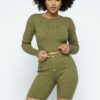 Knit Cropped Top & High-Waist Biker Shorts Set – Olive