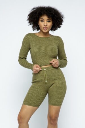 Knit Cropped Top & High-Waist Biker Shorts Set – Olive