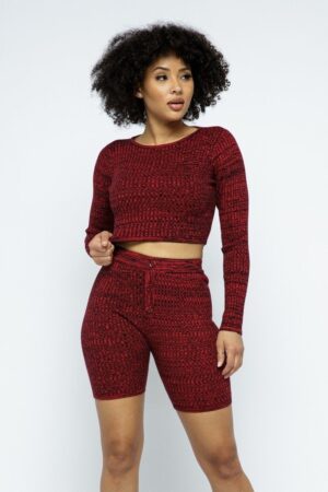 Knit Cropped Top & High-Waist Biker Shorts Set – Red