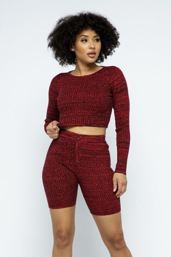 Knit Cropped Top & High-Waist Biker Shorts Set – Red