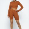 Knit Cropped Long-Sleeve Top & High-Waist Biker Shorts – Brown