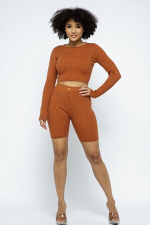 Knit Cropped Long-Sleeve Top & High-Waist Biker Shorts – Brown