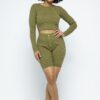 Knit Cropped Top & High-Waist Biker Shorts Set – Olive