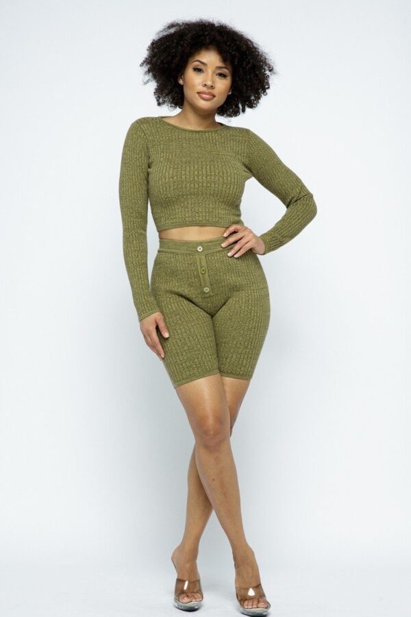 Knit Cropped Top & High-Waist Biker Shorts Set – Olive