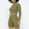 Knit Cropped Top & High-Waist Biker Shorts Set – Olive