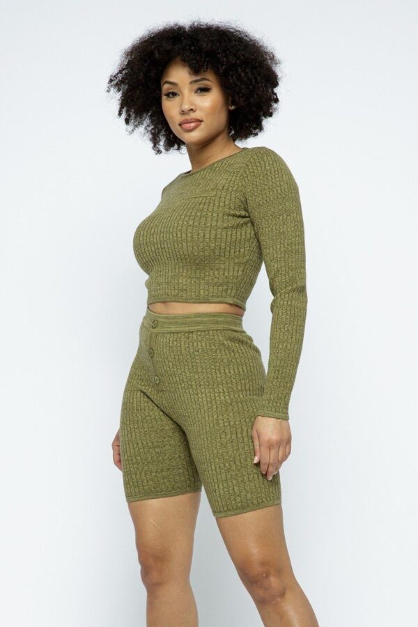 Knit Cropped Top & High-Waist Biker Shorts Set – Olive