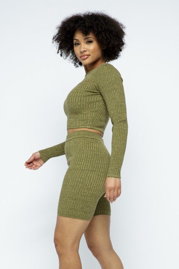 Knit Cropped Top & High-Waist Biker Shorts Set – Olive