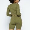 Knit Cropped Top & High-Waist Biker Shorts Set – Olive