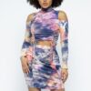 Lavender Tie-Dye Open-Shoulder Top & Ruching Skirt Set