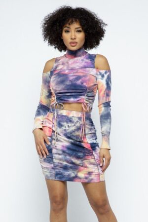 Lavender Tie-Dye Open-Shoulder Top & Ruching Skirt Set