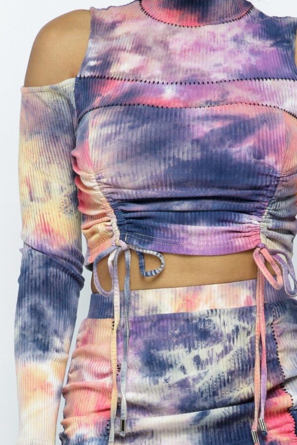 Lavender Tie-Dye Open-Shoulder Top & Ruching Skirt Set