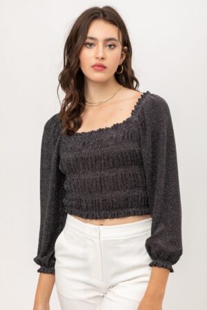 Metallic Smocked Crop Top with Square Neck – Black