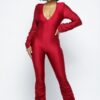 Padded-Shoulder Ruched Yoga Jumpsuit – Red