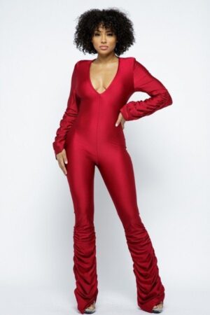 Padded-Shoulder Ruched Yoga Jumpsuit – Red