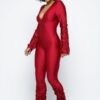 Padded-Shoulder Ruched Yoga Jumpsuit – Red