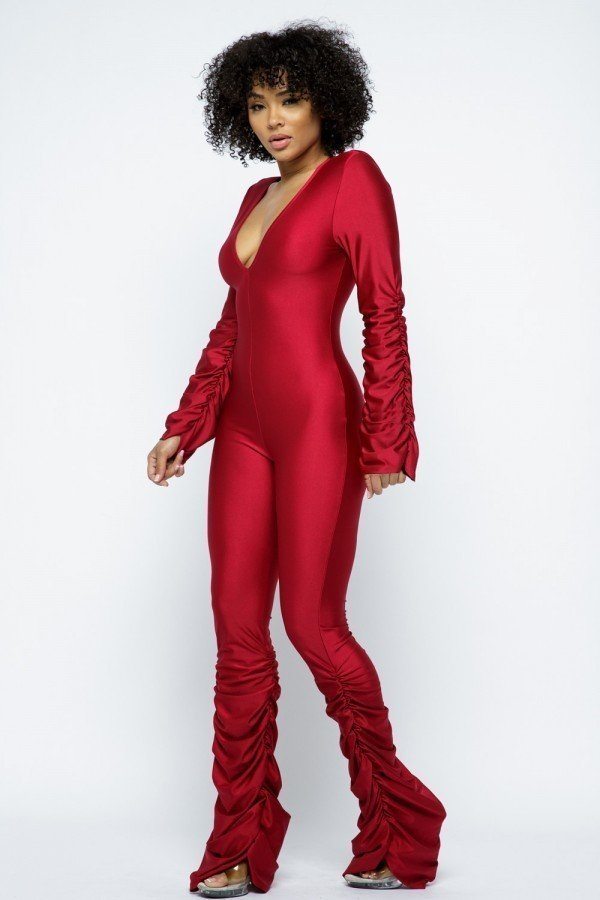 Padded-Shoulder Ruched Yoga Jumpsuit – Red