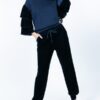 Cotton Pullover with Tiered Velvet Ruffle Sleeves – Navy