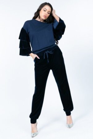 Cotton Pullover with Tiered Velvet Ruffle Sleeves – Navy