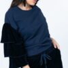 Cotton Pullover with Tiered Velvet Ruffle Sleeves – Navy