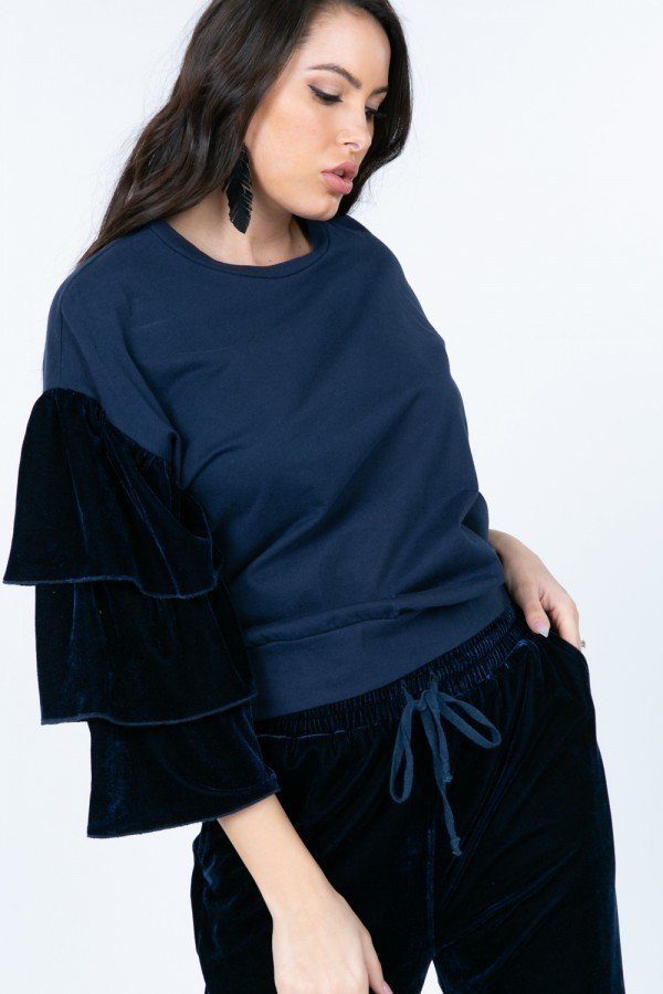 Cotton Pullover with Tiered Velvet Ruffle Sleeves – Navy