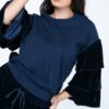 Cotton Pullover with Tiered Velvet Ruffle Sleeves – Navy
