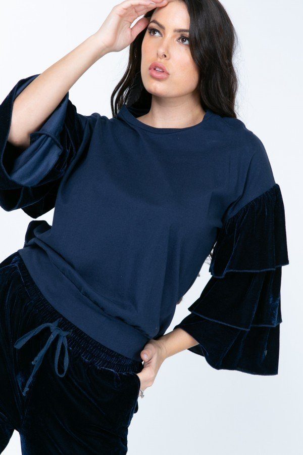 Cotton Pullover with Tiered Velvet Ruffle Sleeves – Navy