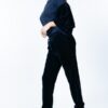 Cotton Pullover with Tiered Velvet Ruffle Sleeves – Navy