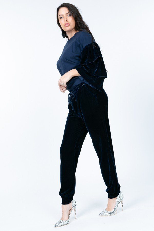 Cotton Pullover with Tiered Velvet Ruffle Sleeves – Navy