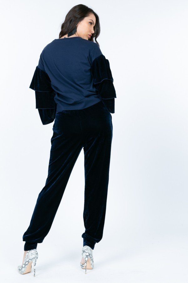 Cotton Pullover with Tiered Velvet Ruffle Sleeves – Navy