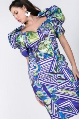Puff-Sleeve Bodycon Dress – Lime/Blue Print