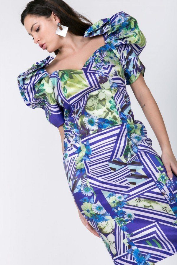 Puff-Sleeve Bodycon Dress – Lime/Blue Print