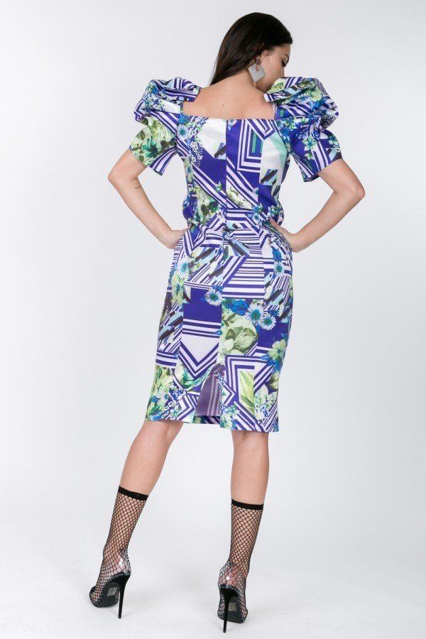 Puff-Sleeve Bodycon Dress – Lime/Blue Print