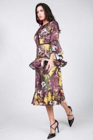 Cascade Ruffle Sleeve Tiered Midi Dress – Mustard Multi
