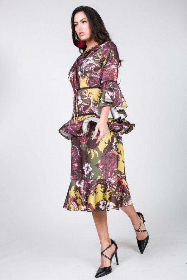 Cascade Ruffle Sleeve Tiered Midi Dress – Mustard Multi