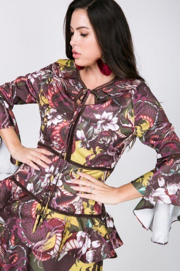Cascade Ruffle Sleeve Tiered Midi Dress – Mustard Multi