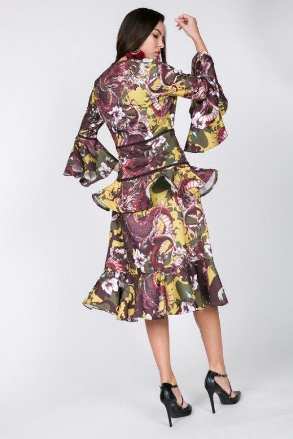 Cascade Ruffle Sleeve Tiered Midi Dress – Mustard Multi