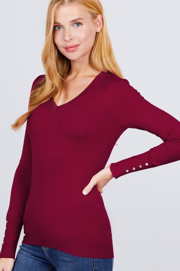 V-Neck Sweater with Rivet Buttons – Wine