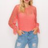 Lace-Trim Shadow Stripe Bodysuit, Long Sleeve – Coral