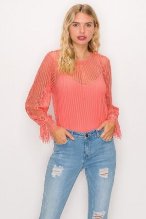 Lace-Trim Shadow Stripe Bodysuit, Long Sleeve – Coral